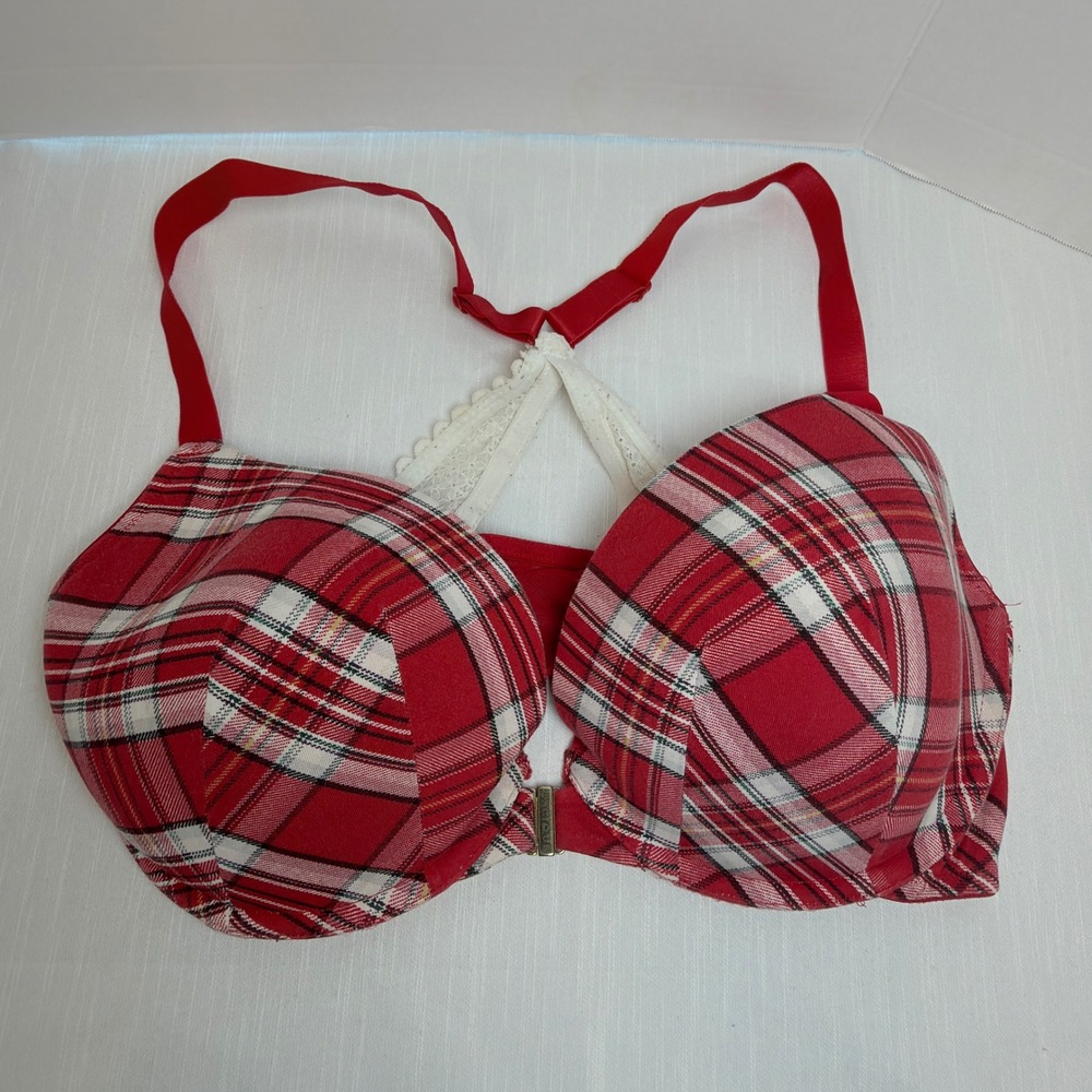 Cacique Boost Plunge Bra Womens 38DDD Red Plaid Lace Racerback Front-Close